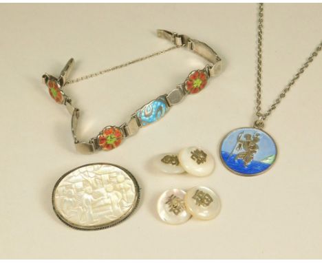 SILVER JEWELLERY.A Chinese silver mounted mother of pearl brooch, a pair of mother of pearl cufflinks, an Arts & Crafts silve