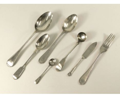 FLATWARE.Silver flatware including a Victorian Christening spoon & fork, dated 1878, a Georgian condiment spoon etc.