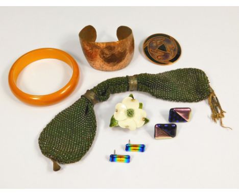 COSTUME JEWELLERY ETC.Including two pairs of lustre earrings by Wendy Franklin, Portloe, Cornwall, a hand made copper bangle 