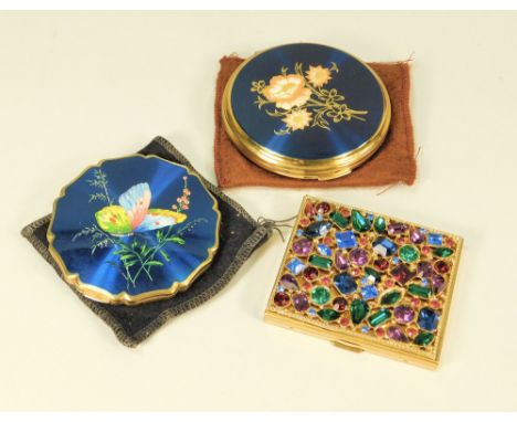 POWDER COMPACTS. Two gold tone Stratton powder compacts &amp; a modern jewelled powder compact.