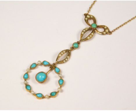 EDWARDIAN PENDANT. An Edwardian 9ct. gold pendant, set with turquoise &amp; half pearl on a gold chain. Length of drop 4.5cm.
