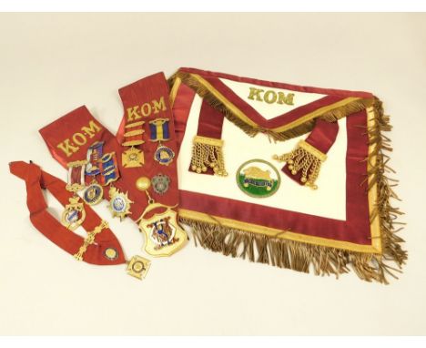 R.A.O.B. REGALIA. A group of R.A.O.B. regalia; a sash hung with four silver gilt &amp; enamel jewels &amp; one 9ct. gold jewe