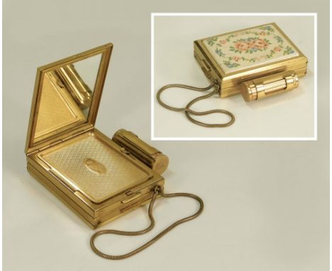 MINAUDERIE.A gold tone minauderie by Kigu, with 'petit point' front, incorporating a powder compact, cigarette case & lipstic