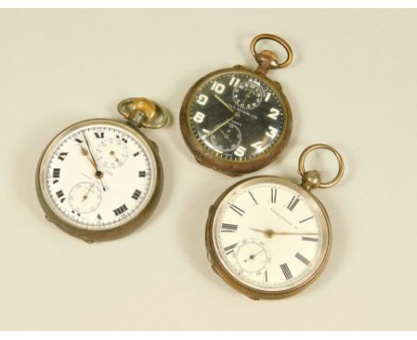 POCKET WATCHES. Two silver open cased pocket watches, the chronometer, with two subsidiary dials. Also, a Birch &amp; Gaydon 