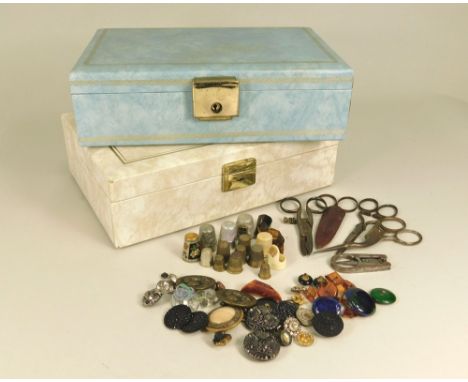 BOXES ETC. Two jewellery boxes, including vintage sewing scissors, thimbles &amp; vintage buttons. (Sold on behalf of R.N.L.I