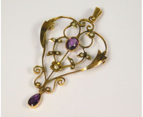 AMETHYST PENDANT. A 9ct. gold amethyst &amp; seed pearl pendant/brooch. (Brooch pin missing). Length incl. bale 5cm.