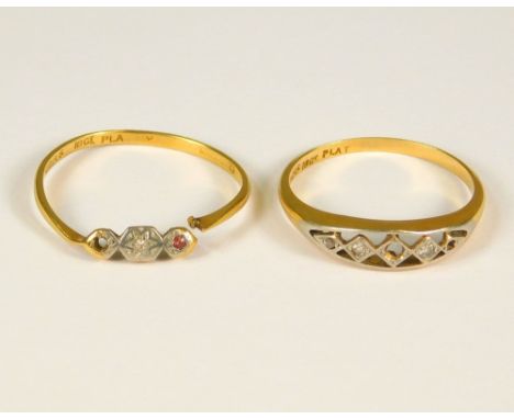 GOLD RINGS. An 18ct. gold &amp; platinum diamond ring (two stones missing) &amp; an 18ct. scrap gold ring. Approx. 3.7g.