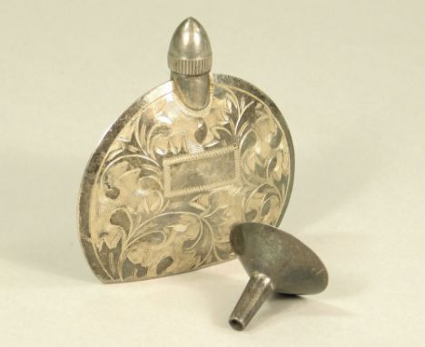 SCENT FLASK. An engraved silver scent flask with small silver funnel.