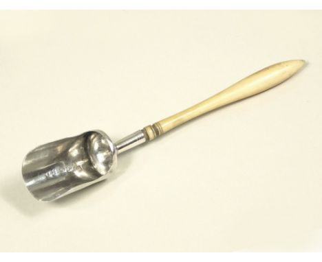 CADDY SPOON. A George III silver caddy spoon, with turned ivory handle, by William Pugh. Birmingham 1807.