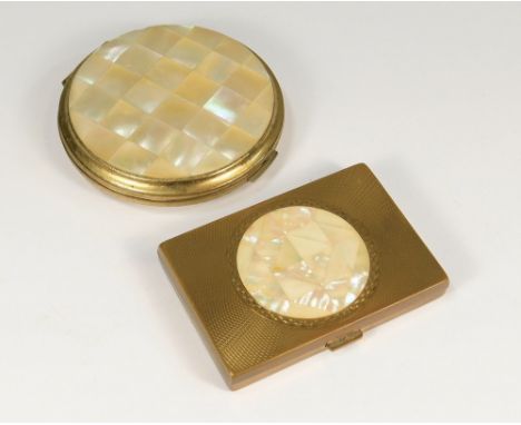 POWDER COMPACTS.A Swiss gold tone & mother of pearl rectangular powder compact by Agme & one other gold tone powder compact v