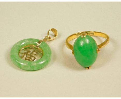 JADE. A 9ct. gold mounted jade dress ring &amp; a Chinese jade pendant drop.