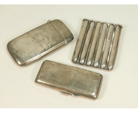 CIGAR CASE ETC.A six-division Sydenhams Patent cheroot case, an engine turned small cigarette case & a plain silver card case