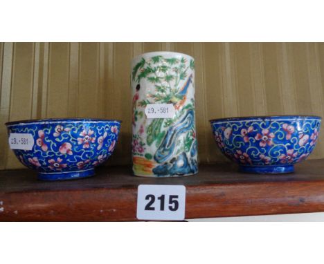 Pair of Canton enamel bowls and a Famille Rose brush pot