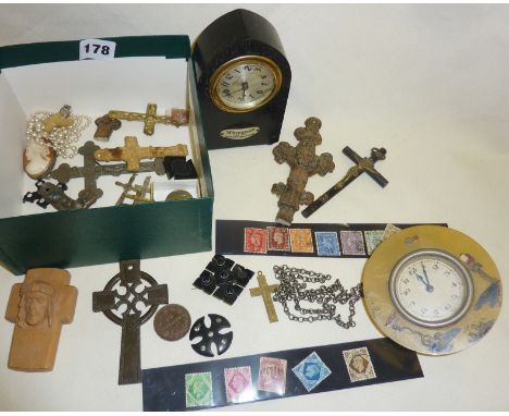 Gothic Waterbury ebony mantle clock, another Chinoiserie style, stamps, crucifixes, antique religious brooches and jewellery,