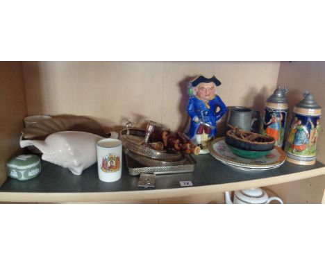 Shelf of assorted china etc. inc. musical Toby Jug Long John Silver, Poole Pottery shell, King Edward VIII beaker, beer stein