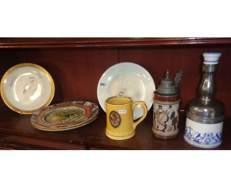 Royal Doulton hand-painted plate featuring red-legged partridge (signed Wilson), two similar (A/F), a German beer stein with 