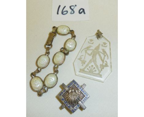 Art Deco Egyptian revival intaglio glass pendant, 1960's Scarab Beetle bracelet and a silver and enamel Rifle Club badge (190