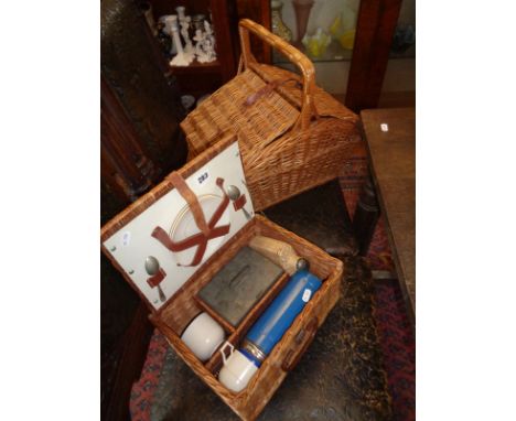 Vintage wickerwork picnic hamper for two, fitted interior, and a similar basket type hamper