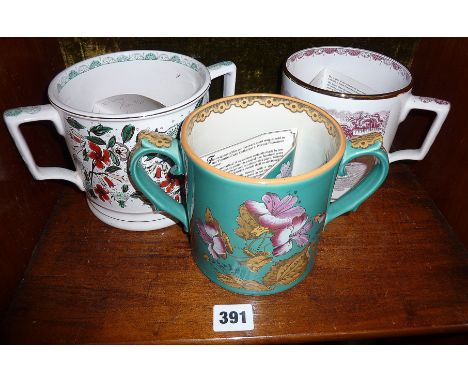 Two limited edition Wade two handled mugs made for Taunton Cider and a quart mug with cricketers decoration