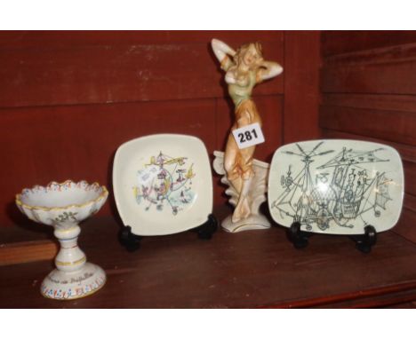 A rare Bruno Merli pottery figure of a 1950's woman wearing pedal pushers (A/F), a Nymolle, Denmark pottery pin dish, a simil