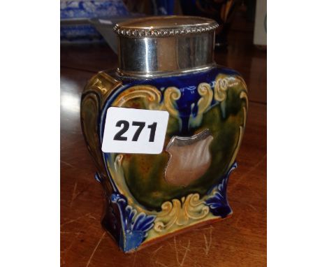 A Doulton Lambeth Art Nouveau tea caddy with hallmarked silver lid and mount, 5" tall (A/F)