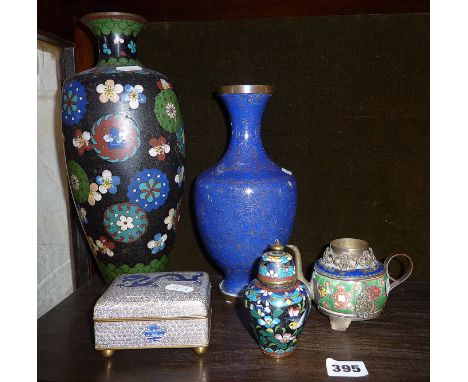 Five Cloisonné enamel items, vases, box, etc. 
