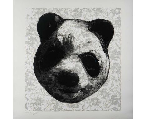 Charming Baker (British 1964-), 'Flocked Panda Head', 2018, unique, hand embellished flocked screen print on paper, signed in