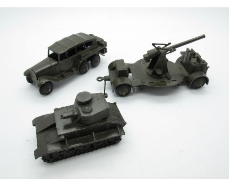 Three Original Dinky Military Vehicles #152A Light Tank, no markings, chain tracks, aerial, #152B Reconnaissance car, six whe