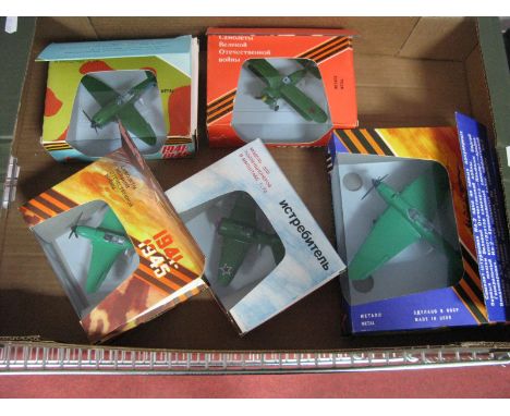 Five Boxed Russian Made 1:72nd Scale Diecast Fighter Aircraft, Jakolev JAK-5, Lavochkin LA-5, Polikarpov 'Chaika' Bi-Plane, P