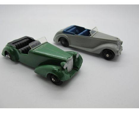 Two Original Dinky Coupe's, #38E Armstrong Siddeley Coupe, light grey body, blue seats, black ridged hubs, silver edged winds