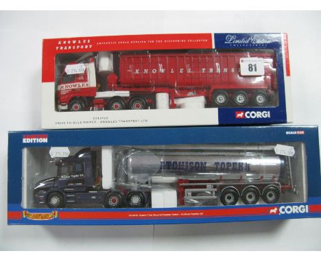 Two Corgi 1:50th Scale Lorries, No. CC12410 Volvo FH Bulk Tipper - 'Knowles Transport' and CC12814 Scania T Cab General Purpo