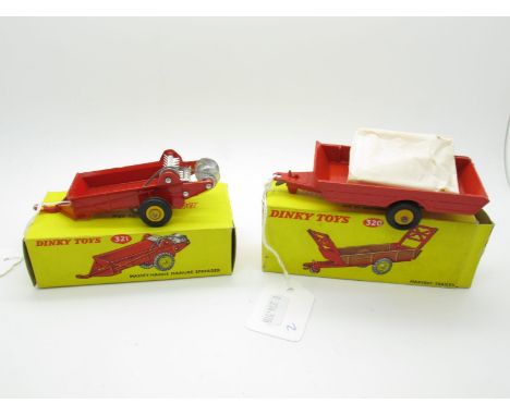 Two Boxed Original Dinky Farm Models #320 Halesowen Harvest Trailer, red body, yellow racks, draw bar hook, yellow plastic wh