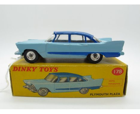 A Boxed Original Dinky #178 Plymouth Plaza, light blue body, dark blue roof and flash, spun hubs, silver details. Model very 