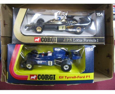 Two Window Boxed Original Corgi Formula One Cars, #154 J.P.S. Lotus, black body, gold trim, Whizz Wheels, R.N.1, blue helmet,