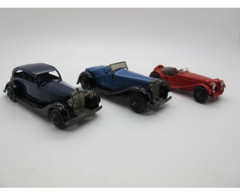 Three Original Dinky Model Cars, #30B Rolls Royce, dark blue/black body, black ridged hubs, closed chassis, #39B Bentley two 