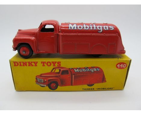 A Boxed Original Dinky #440 Petrol Tanker 'Mobil Gas', red body and hubs, silver details 'Mobil Gas' in white with blue borde