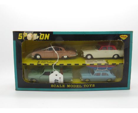 A Boxed Spot-on Four Vehicle Gift Set, contains #276 Jaguar 'S' Type, metallic copper body, red interior, turned hubs, two fi