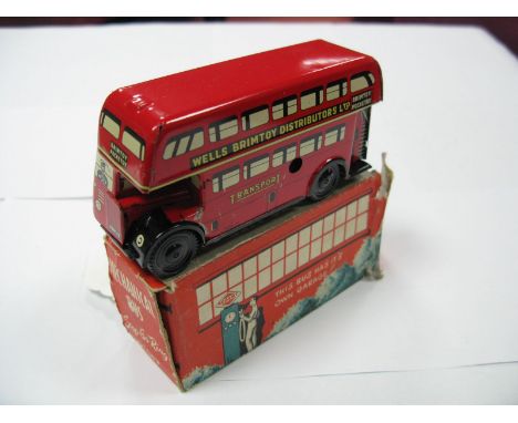 A Wells Brimtoy Tinplate Clockwork Double Decker Bus, some signs of wear. Boxed, flaps missing to one end.