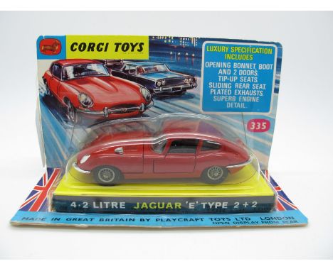 A Bubble Packed Original Corgi #335 Jaguar 4.2 Litre 'E' Type 2 + 2, red body, black interior, wire wheels. Model is mint, bu