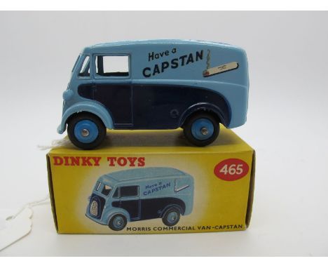 A Boxed Original Dinky #465 Morris 10CWT Van 'Capstan', light/dark blue body, mid blue hubs, silver detail. Model is mint, sm