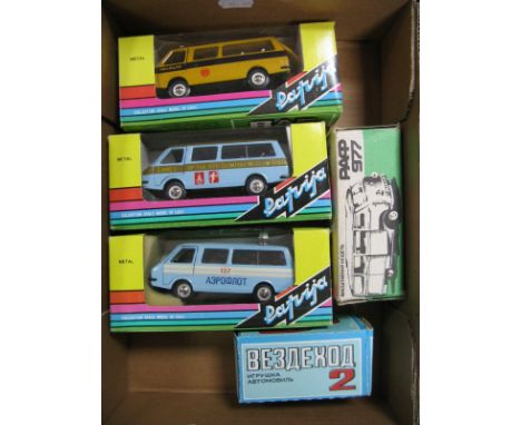 Three Boxed RAF (Russian) 1:43rd Scale Mini Vans. 2203 Latvia police patrol, 2907 Olympics 1980, and Aeroflot, all by Radon E