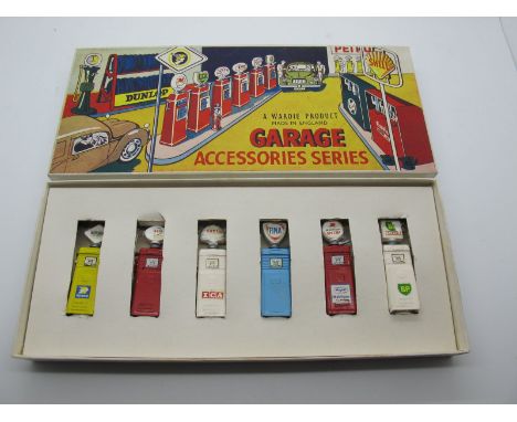 A Boxed Wardie #K24 Six Assorted Diecast Petrol Pumps, National, Esso, Shell, Fina, Mobil Gas and. Some rubbing to raised edg