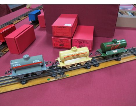 Three Pre War Hornby 'O' Gauge No.1 Petrol Wagons, 'Castrol'/'Pool'BP'. All restored to a very high standard. In reproduction