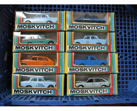 Eight Boxed Russian Moskivitch 1:43rd scale die cast cars. All different liveries including Taxi, Orange, 12th Combi, pick-up