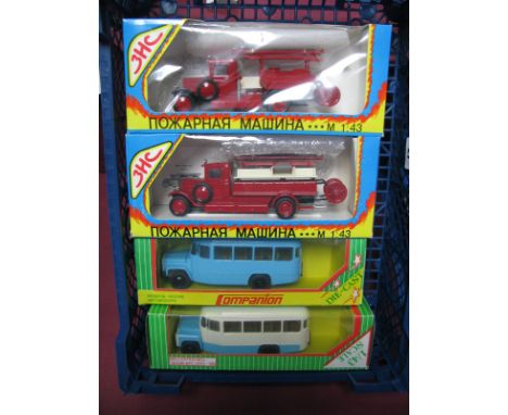 Four Boxed Russian Made 1:43rd Scale Diecast and Plastic Vehicles, 1937 3HC-II Fire Engine, 1937 3HC-5 Fire Engine and two Co