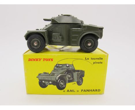 A Boxed Original French Dinky #814 AML Panhard Armoured Car, khaki body and painted concave hubs. Model very good, box very g