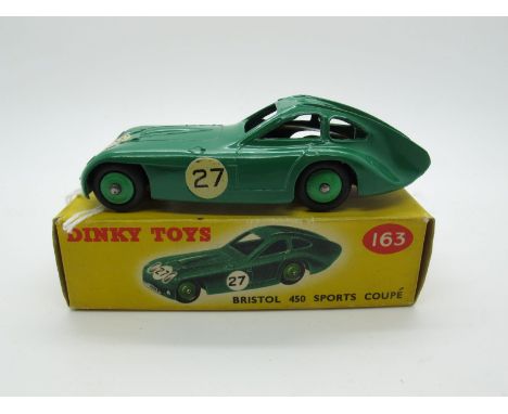 A Boxed Original Dinky #163 Bristol 450 Sports Coupe, British Racing Green body, light green hubs, R.N. 27,  silver details. 