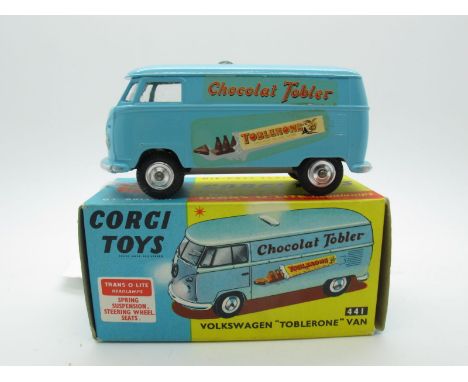 A Boxed Original Corgi, #441 Volkswagen Van, 'Chocolat Toblerone', light blue body, lemon yellow interior, spun hubs, Trans '