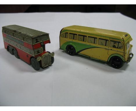 Two Brimtoy Tinplate Pocket Toy Series Tinplate Buses, one cream/green Single Decker and six wheel Double Decker. Both showin