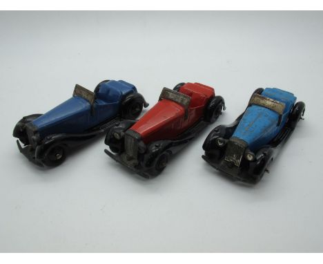 Three Original Dinky #36E British Salmson Two Seater Sports Car, all moulded chassis, black ridged hubs, tin plate windscreen